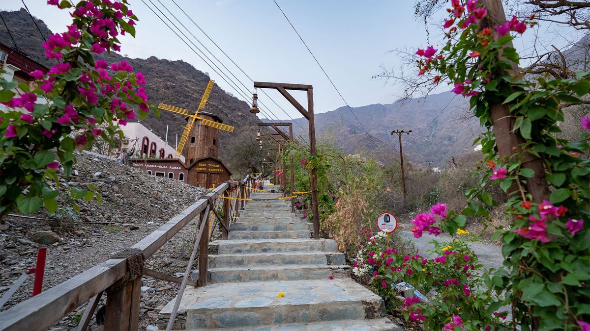 Stone staircase leading up to the Bees Tower Honey Refinery windmill in Rijal Almaa, framed by bougainvillea flowers, Asir Province, Saudi Arabia